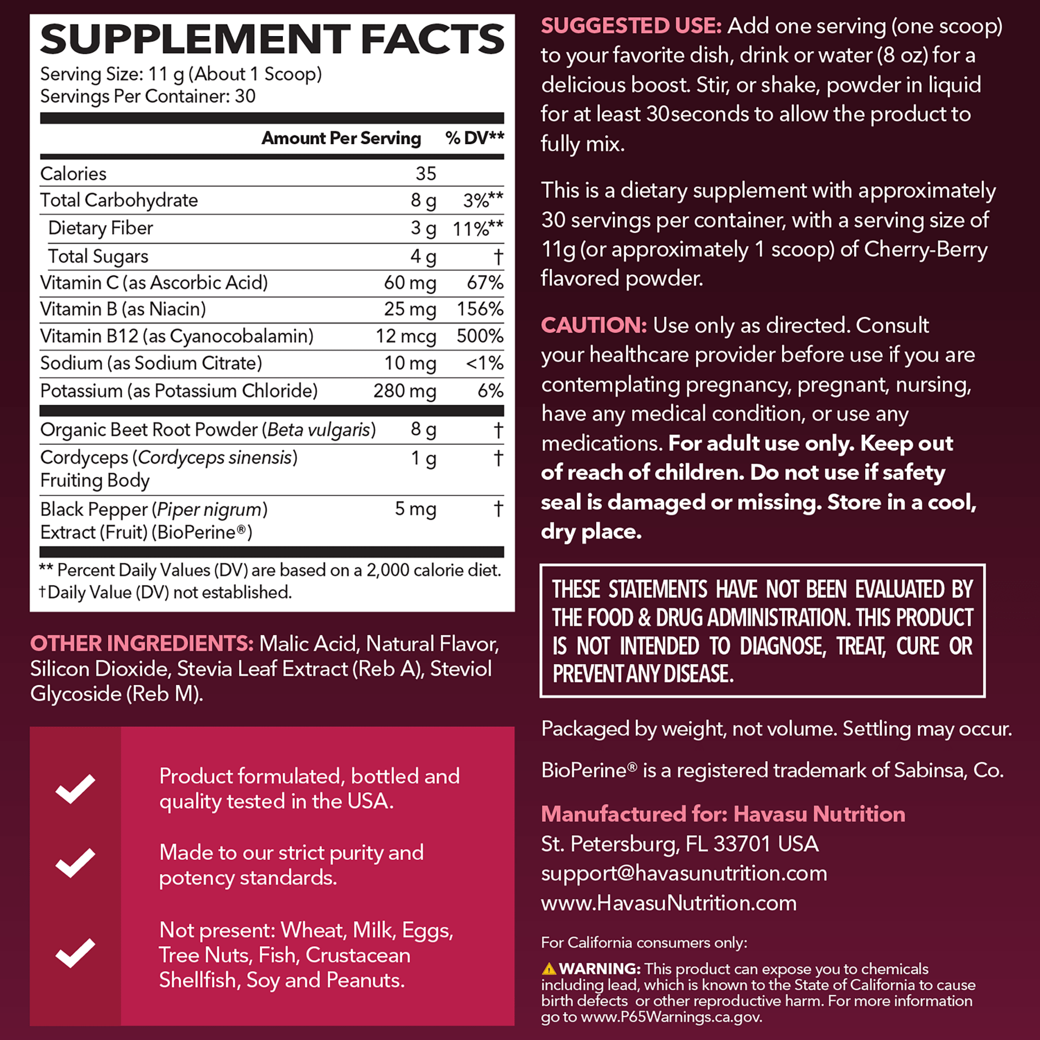Beet Root Powder, Black Cherry - Havasu Nutrition