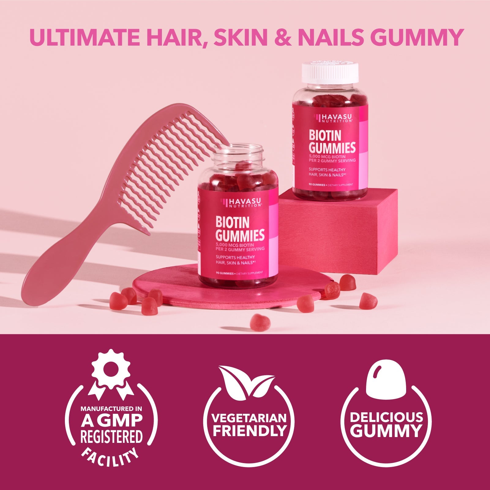 Biotin Gummies, Strawberry, 90ct - Havasu Nutrition