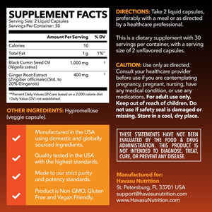 Black Seed Oil + Ginger Liquid Capsules, 60ct - Havasu Nutrition