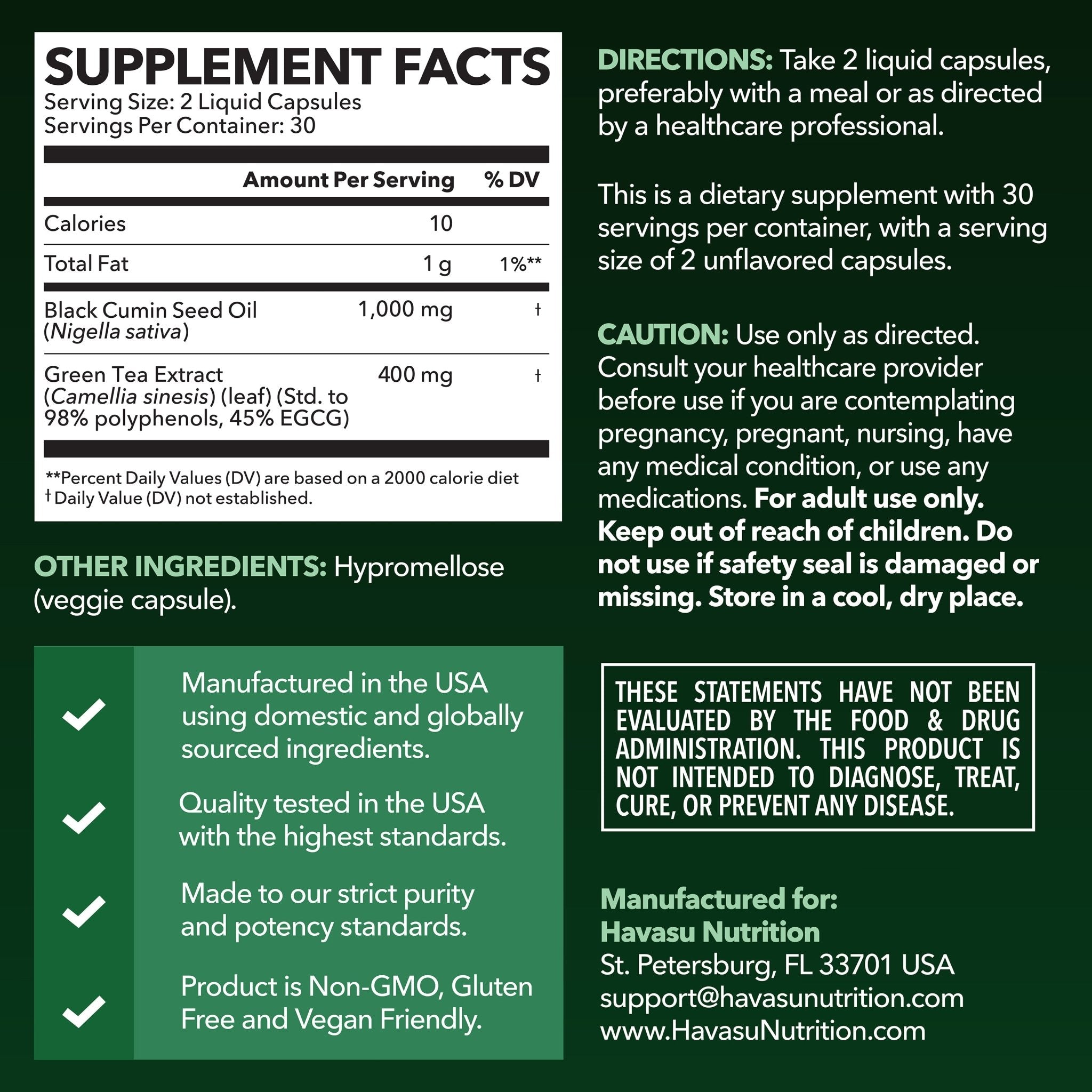 Black Seed Oil + Green Tea Liquid Capsules, 60ct - Havasu Nutrition