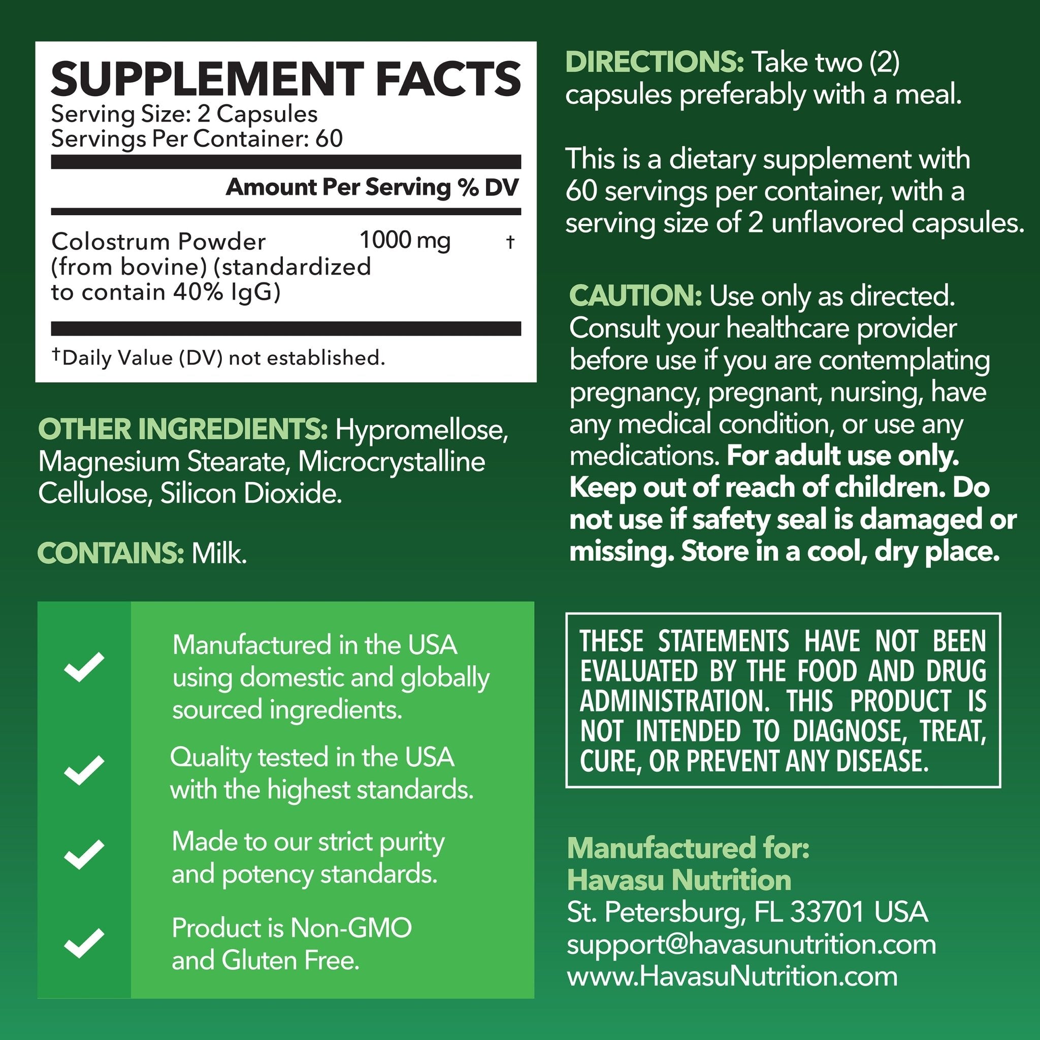 Colostrum 40% IgG, 120ct - Havasu Nutrition