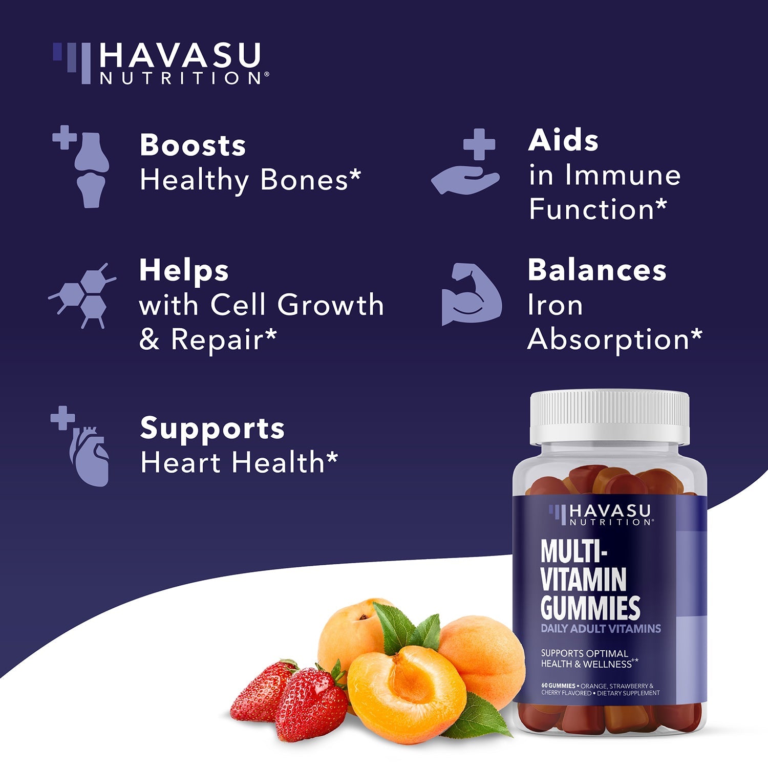 Multivitamin Gummies for Adults, Orange, Strawberry, Cherry - Havasu Nutrition