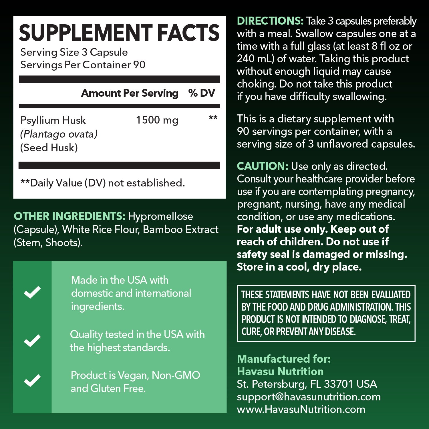 Psyllium Husk Capsules, 270ct - Havasu Nutrition
