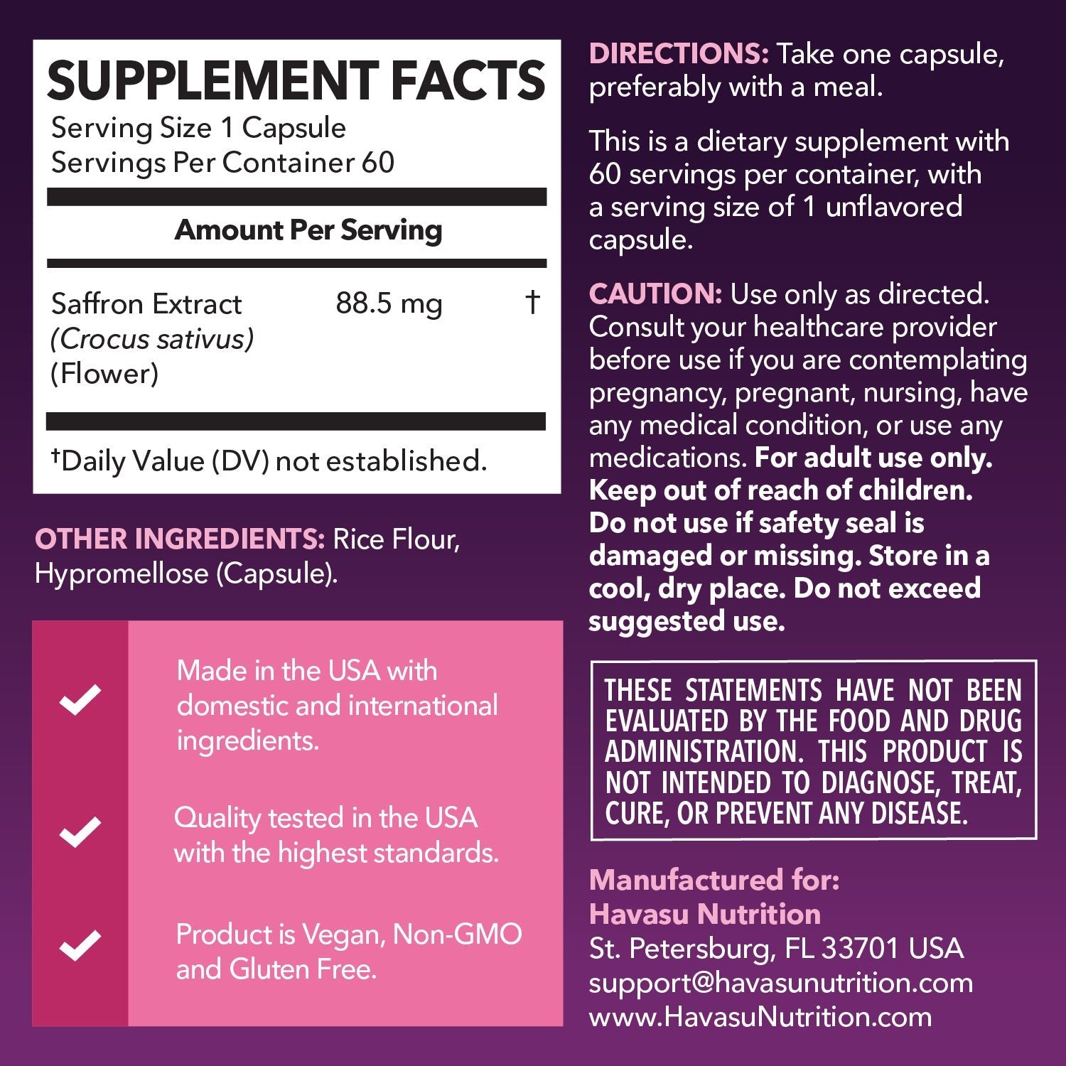Saffron Capsules, 60ct - Havasu Nutrition