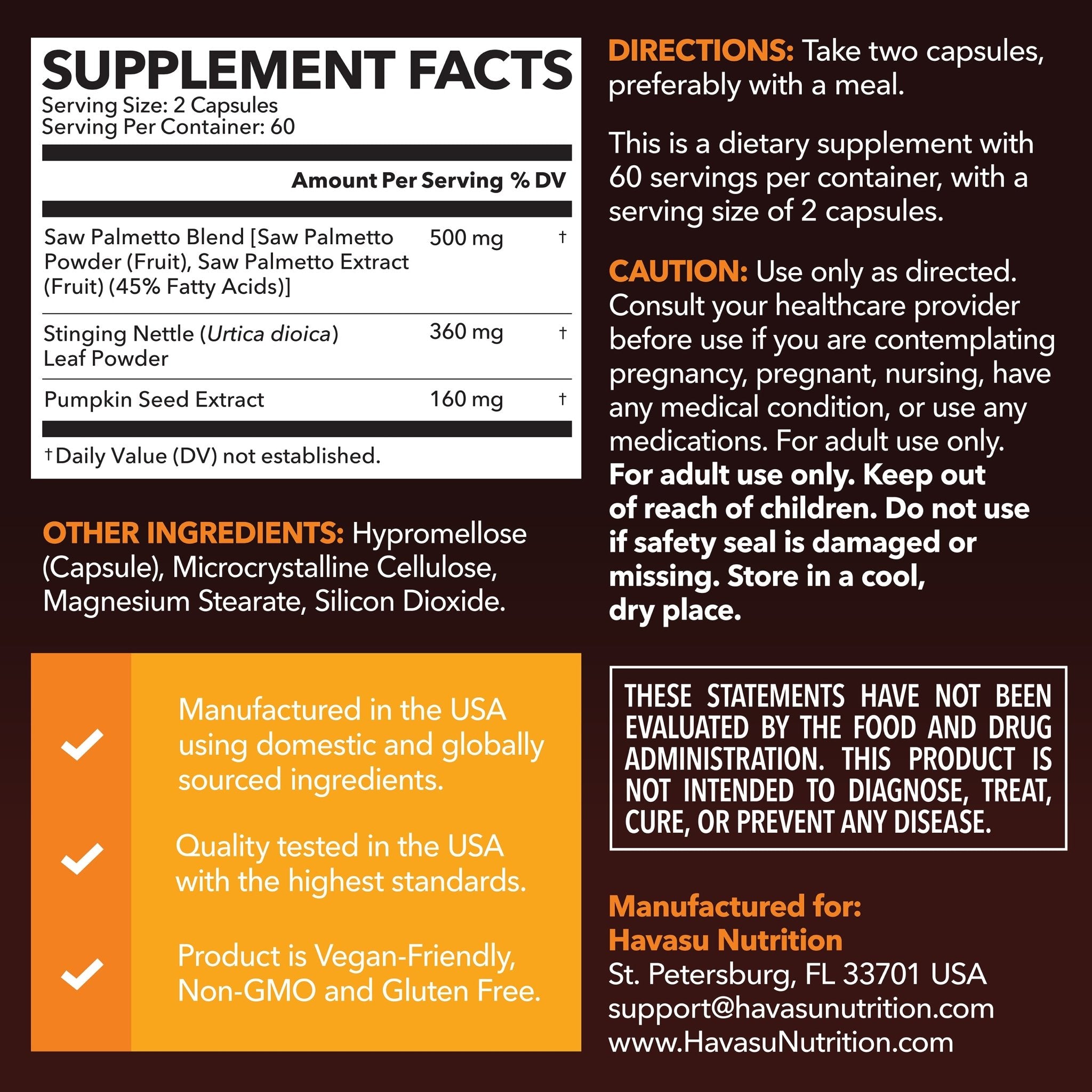 Saw Palmetto + Nettle & Pumpkin Seed Capsules, 120ct - Havasu Nutrition