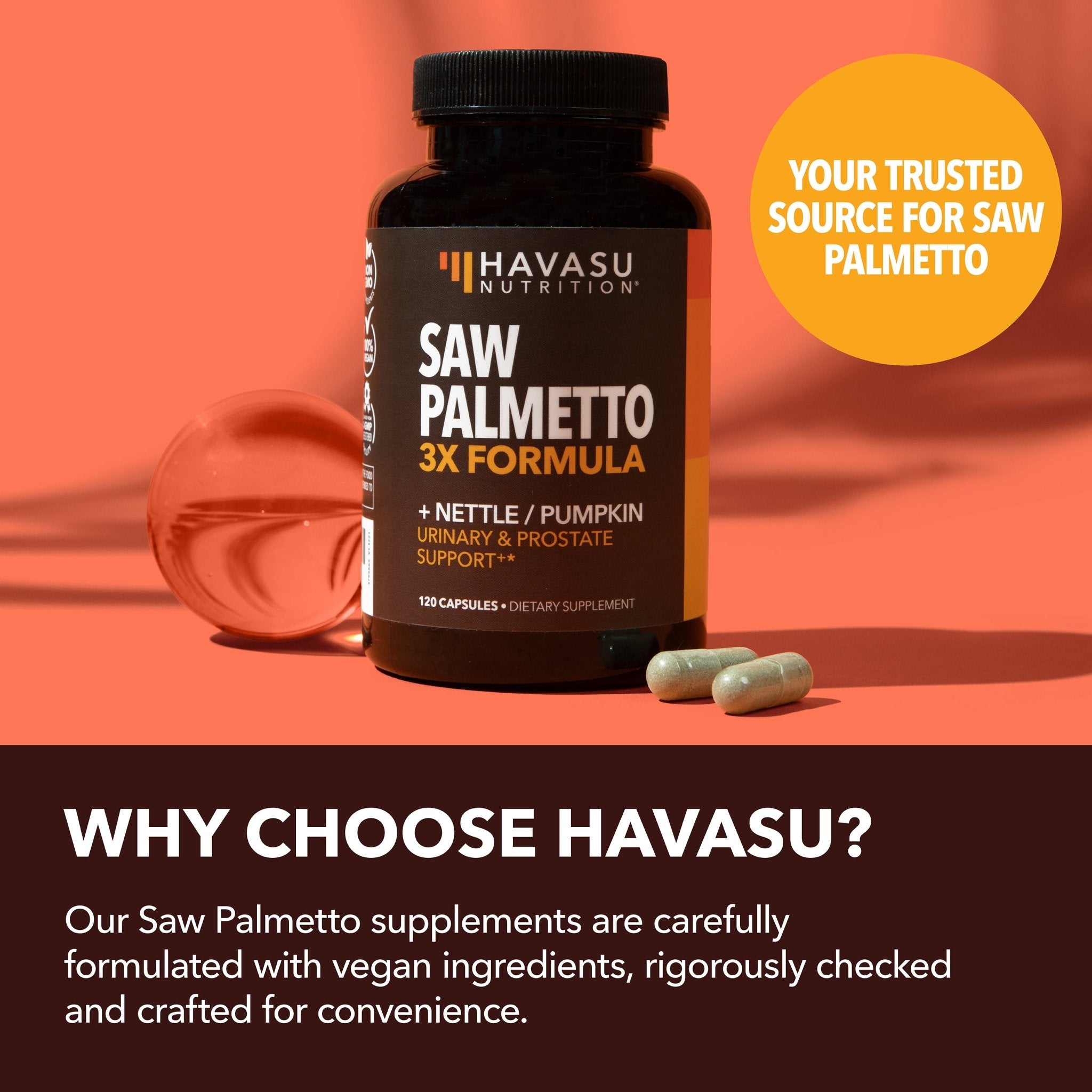 Saw Palmetto + Nettle & Pumpkin Seed Capsules, 120ct - Havasu Nutrition