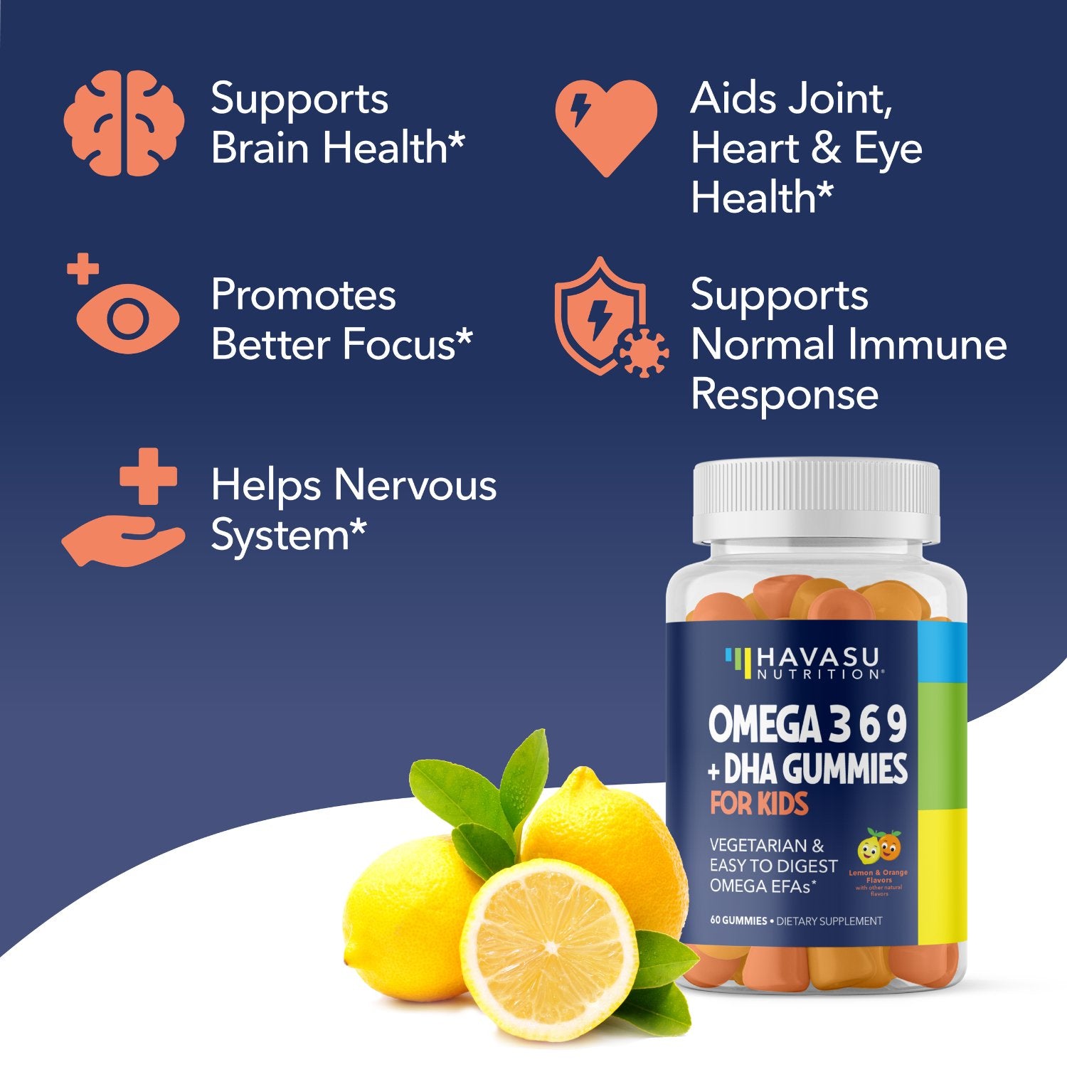 Omega Gummies for Kids, Lemon & Orange Flavors, 60ct - Havasu Nutrition